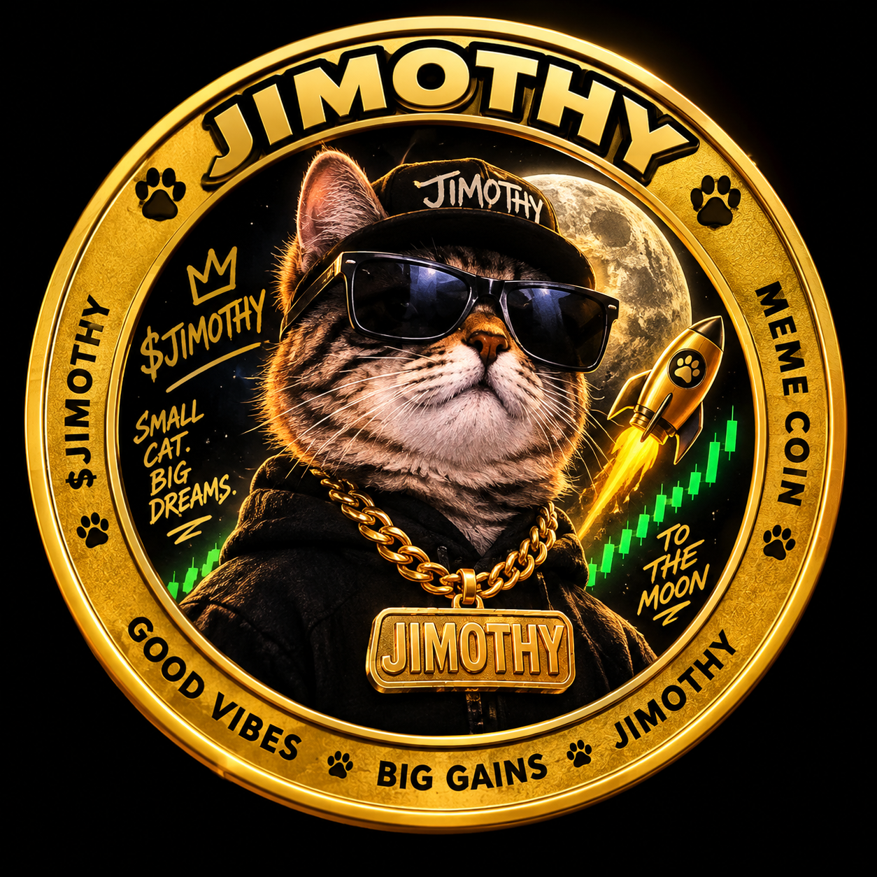 Jimothy cat meme coin mascot in gold medallion
